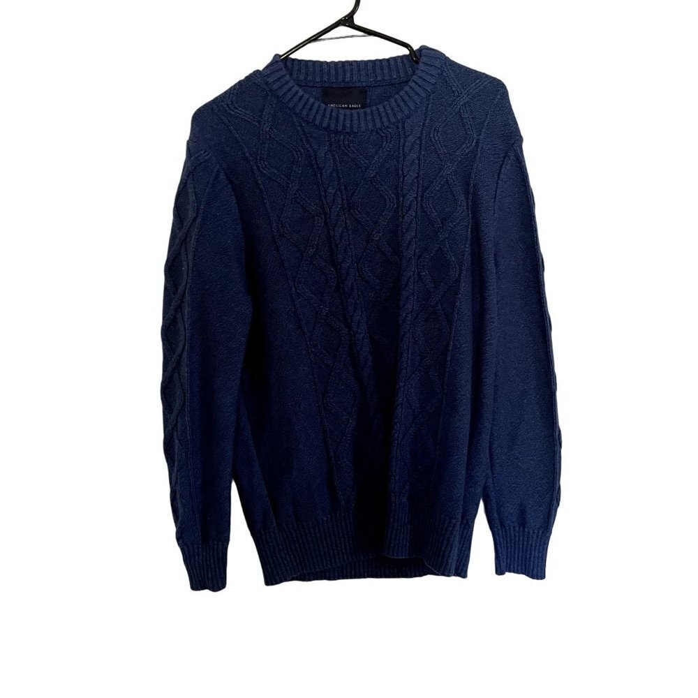 American Eagle blue cable knit ribbed sweater crewneck comfortable warm classic